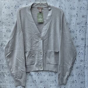 H&M Fine-Knit Cardigan in Light Grey Melange, V-neck, Front buttons, Pockets. XL